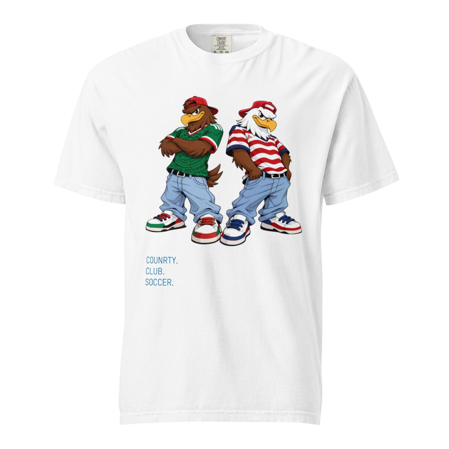 White t-shirt with cartoon soccer characters and text on a white background