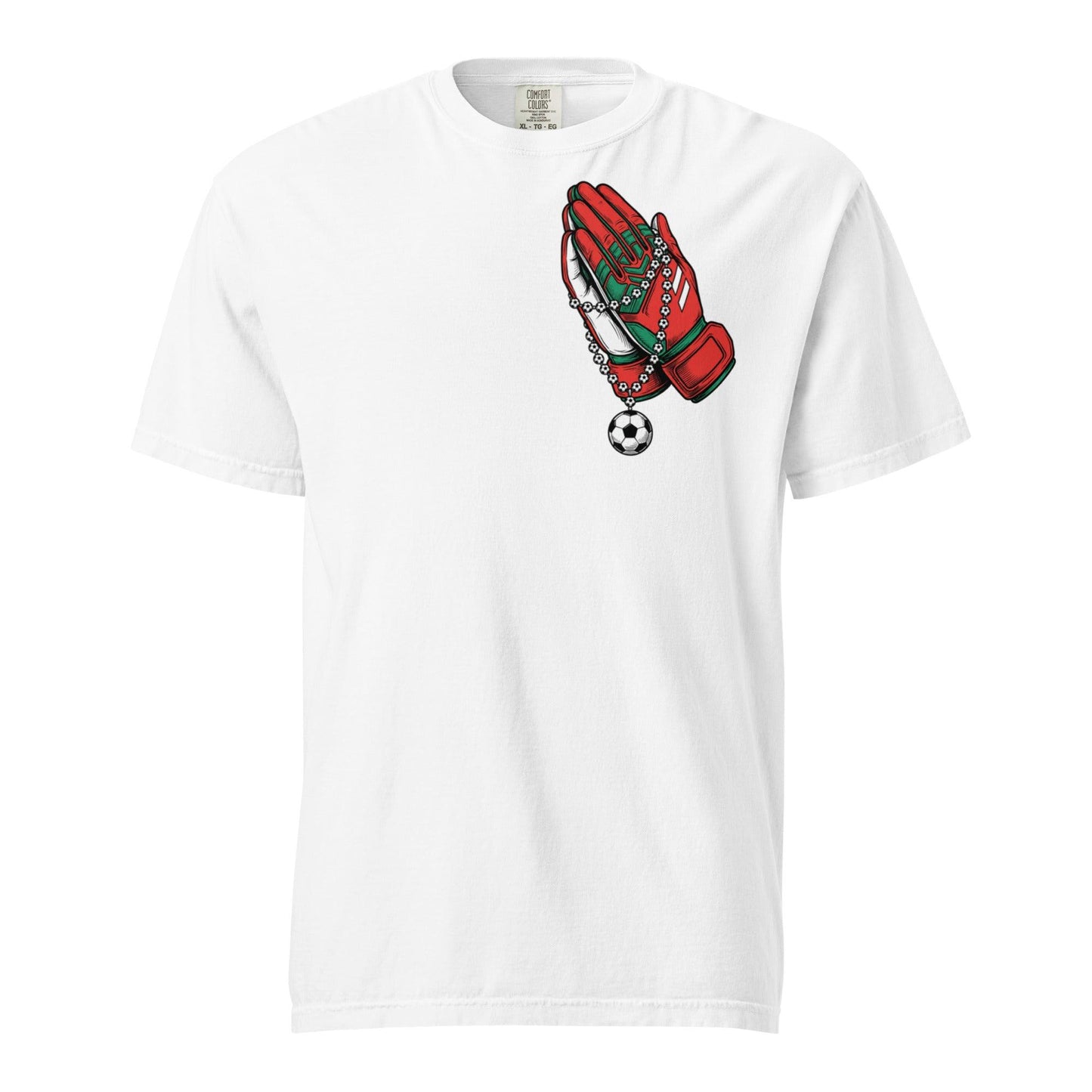 White t-shirt with red and blue soccer soccer goalie glove graphic on a white background