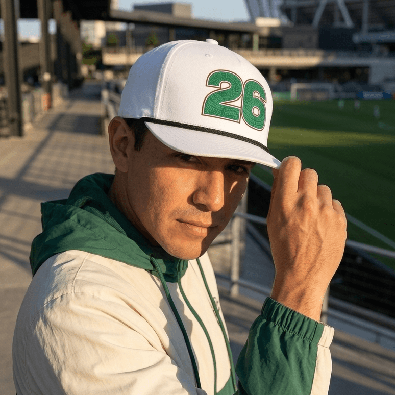 Person wearing a white cap with green number 26, standing on a stadium platform.