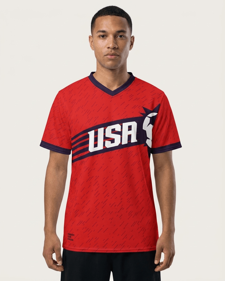 A man wearing a red short-sleeve V-neck jersey with navy blue trim and a large white USA graphic across the chest, photographed against a light gray studio background.