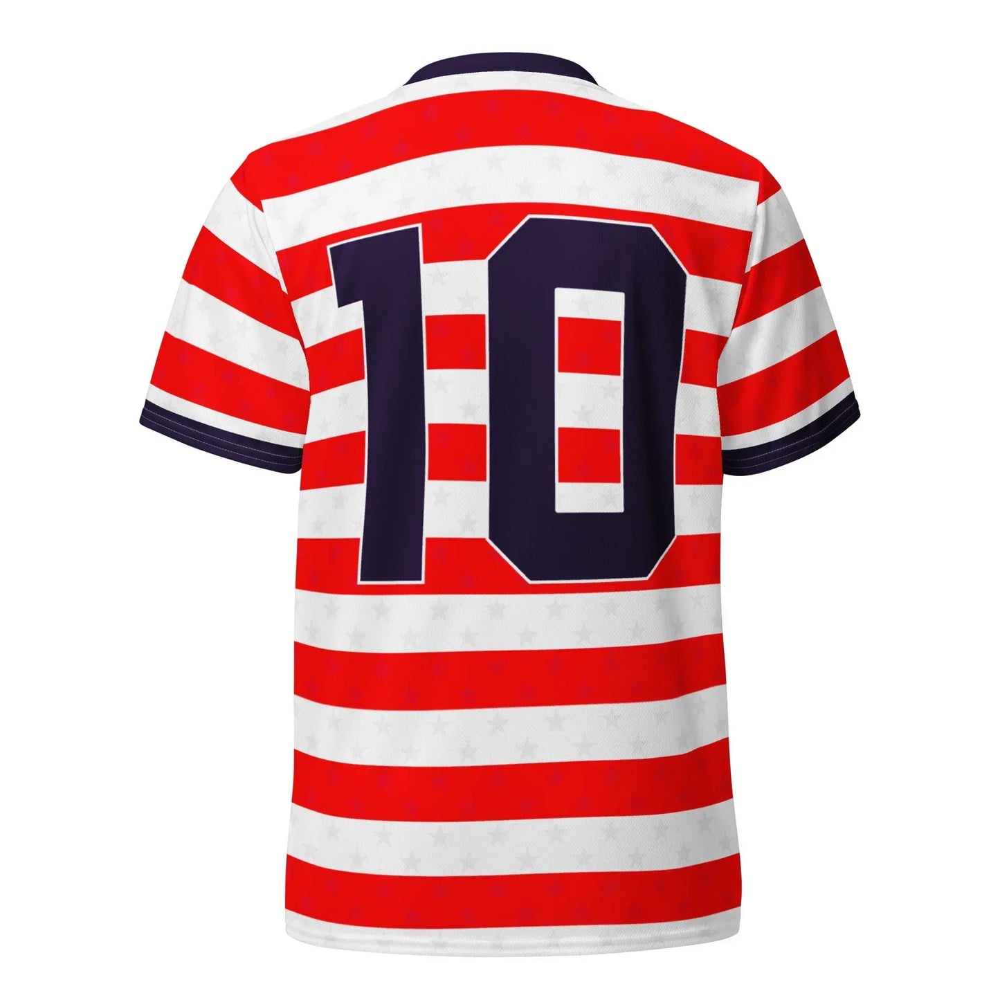 Red and white USA soccer striped jersey with number 10 on a white background