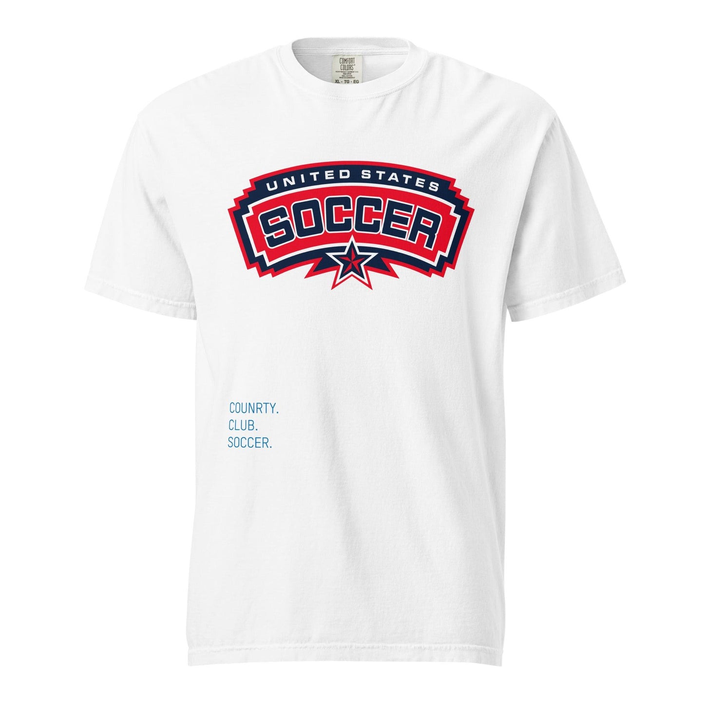 White t-shirt with 'United States Soccer' logo on a white background