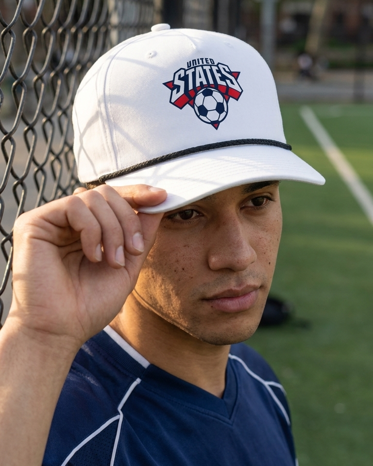 Person wearing a white cap with a US Soccer logo on a sports field