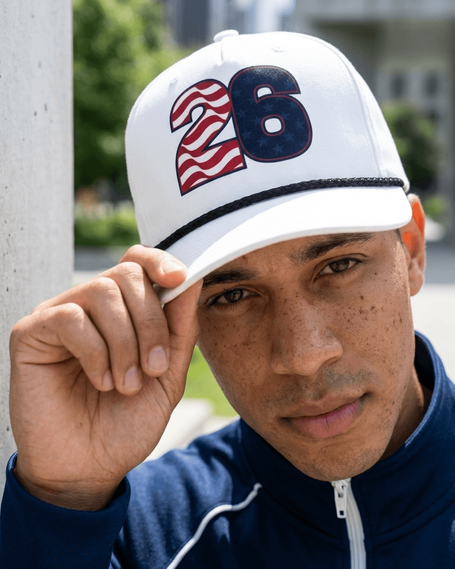 USA 26 soccer hat on a man in urban setting