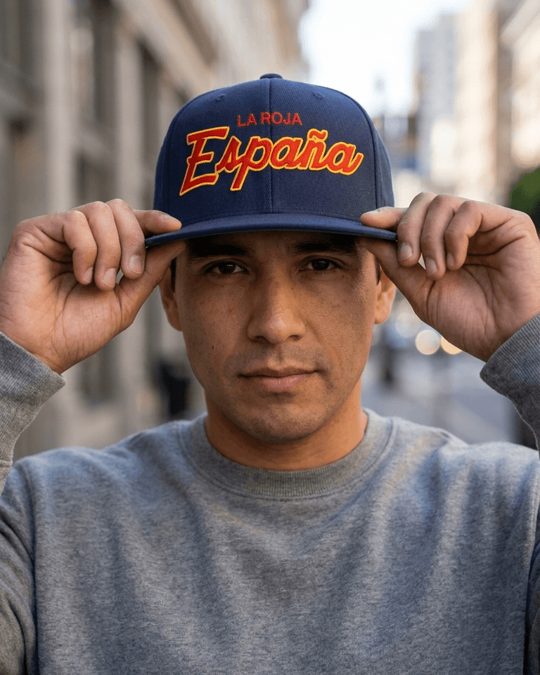 A man wearing a navy blue snapback cap with 'LA ROJA Española' embroidered in orange and white on the front, holding the brim with both hands in an outdoor urban setting.