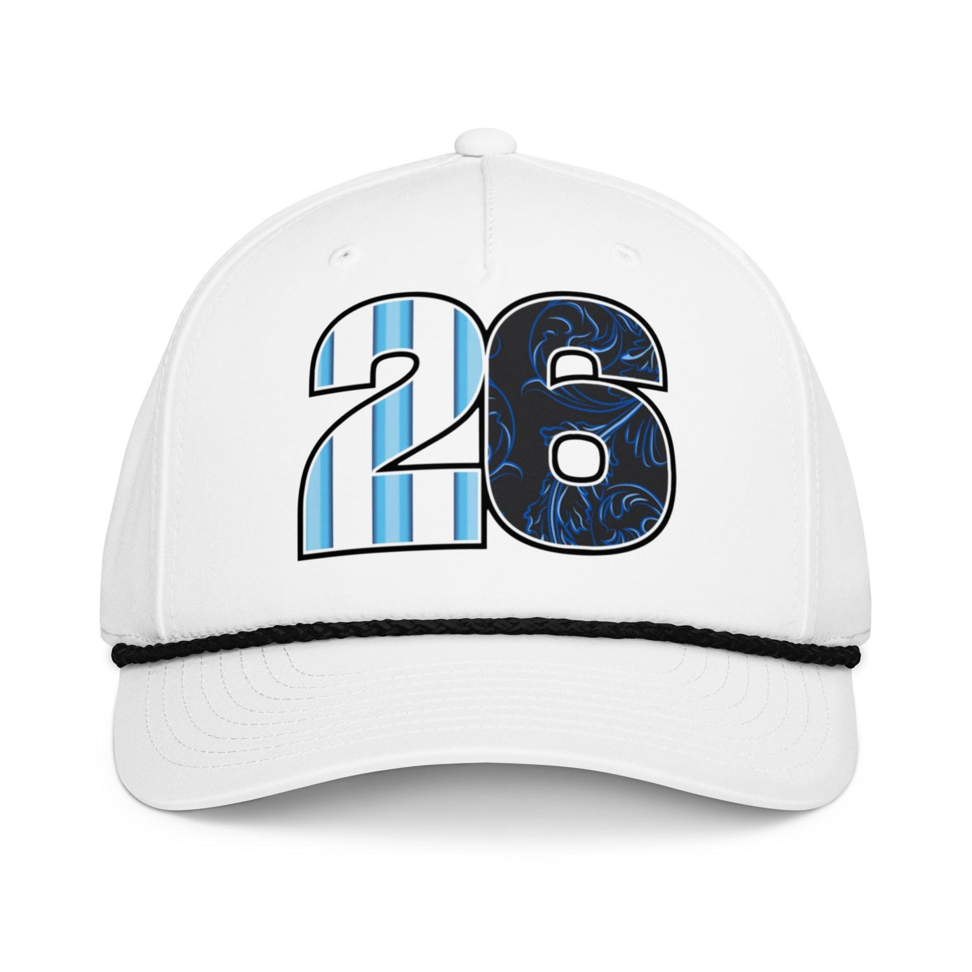 White Argentina soccer snapback hat with blue and black number 26 design on a white background
