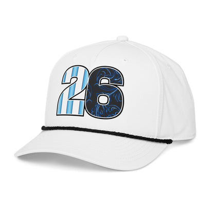 White Argentina soccer snapback hat with blue and black number 26 design on a white background