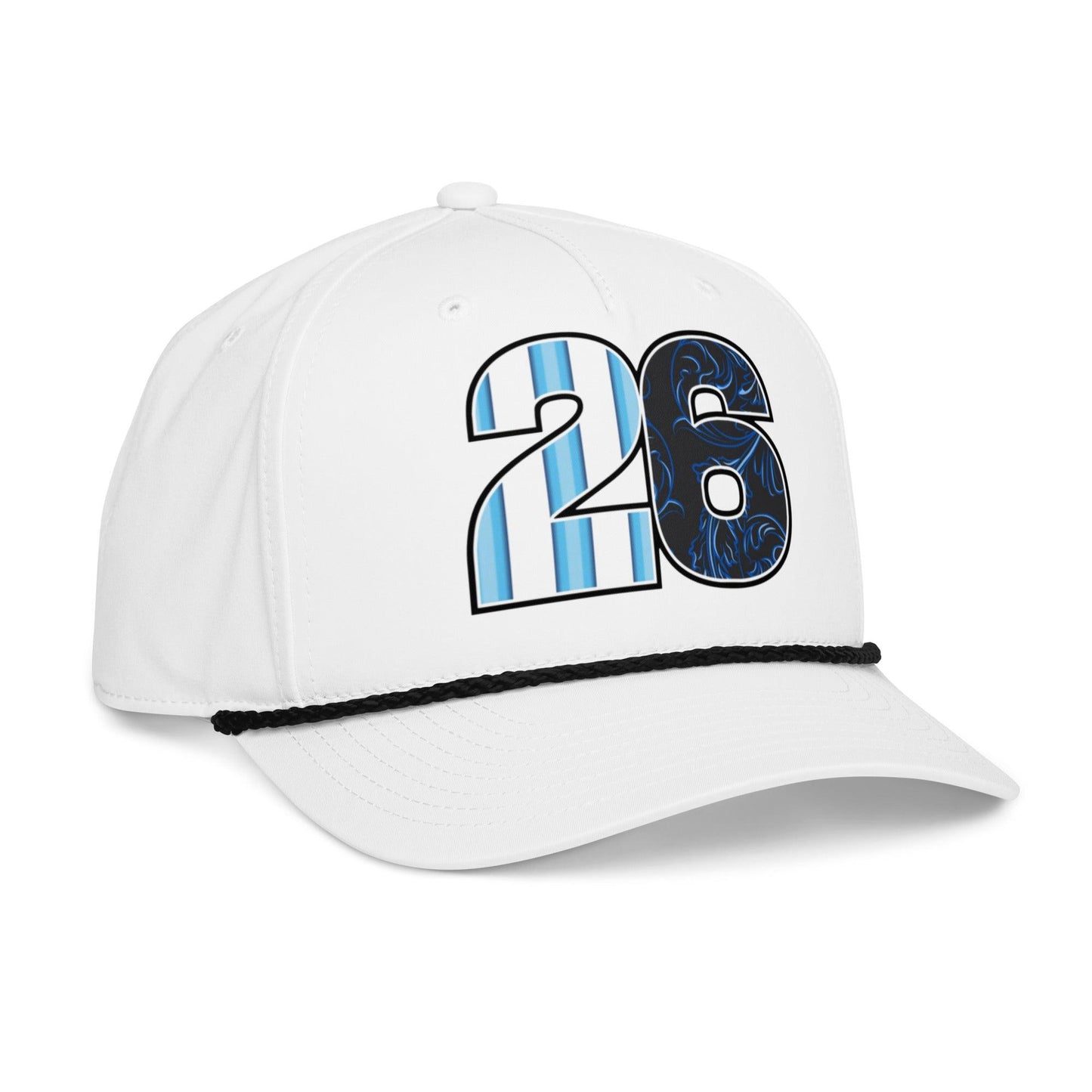 White Argentina soccer snapback hat with number 26 and striped design on a white background