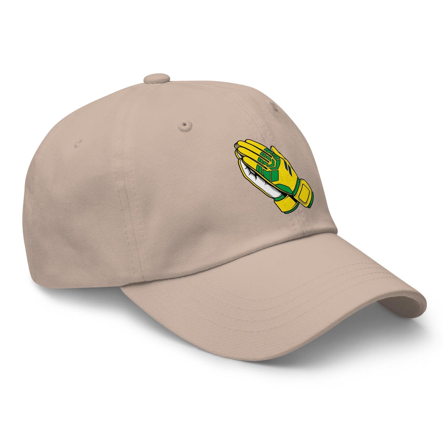 Beige cap with a logo of two hands in a praying position on a white background