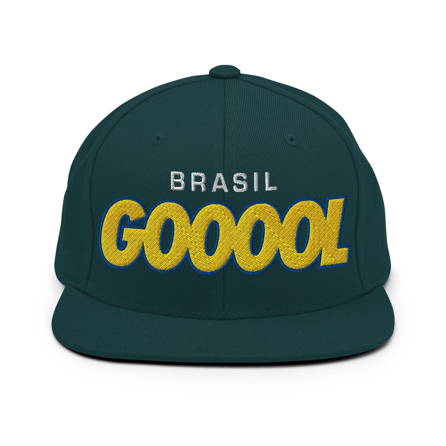 Green snapback with Brasil Gol soccer log on white background - Country. Club. Soccer.