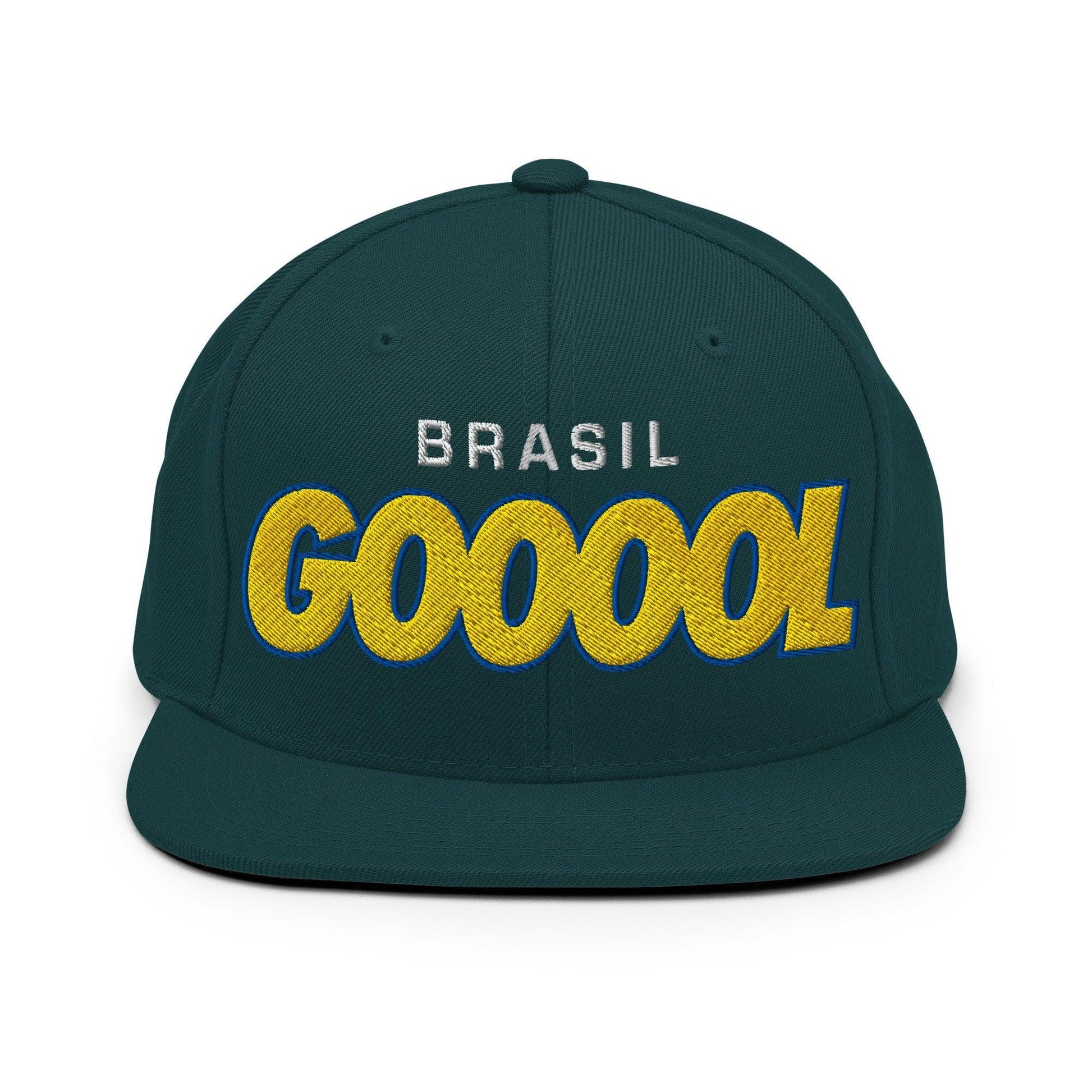 Green snapback with Brasil Gol soccer log on white background - Country. Club. Soccer.