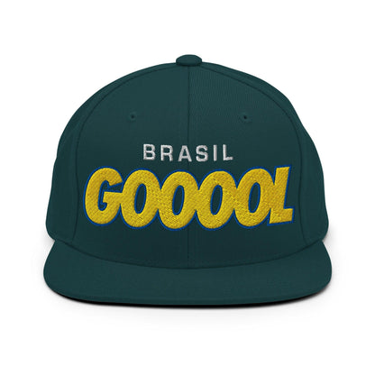 Green snapback with Brasil Gol soccer log on white background - Country. Club. Soccer.