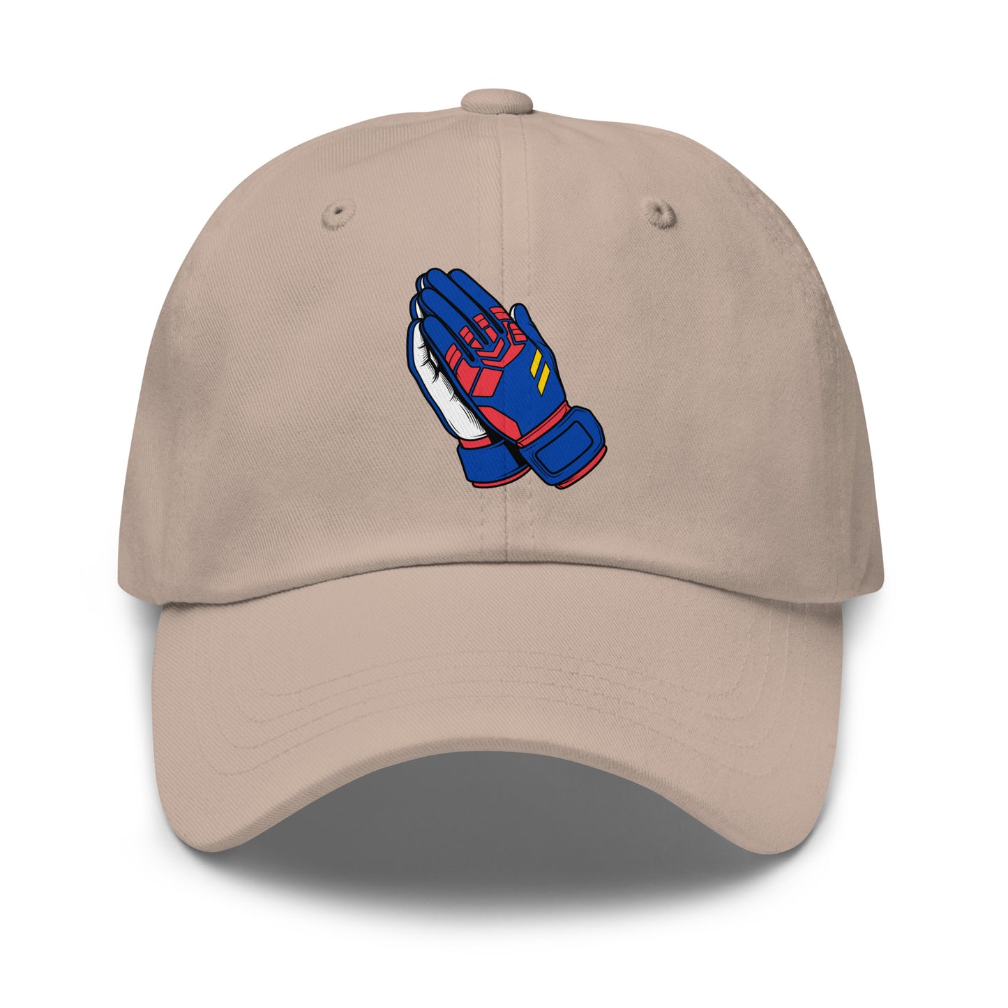 Beige soccer hat with blue and red praying goalie gloves design on a white background