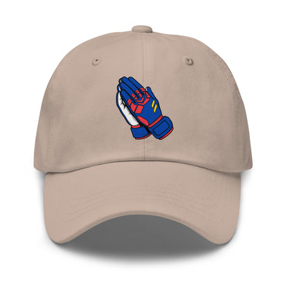 Beige soccer hat with blue and red praying goalie gloves design on a white background