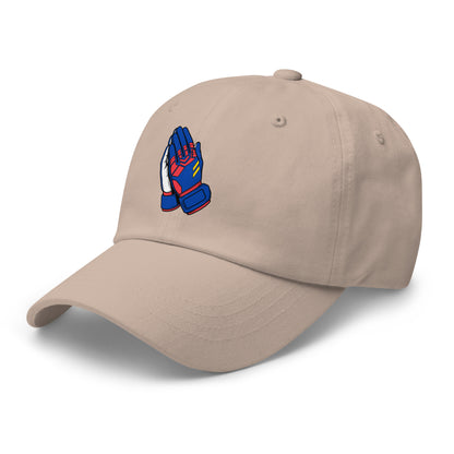 Beige Cabo Verde soccer hat with a colorful praying goalie gloves logo on a white background