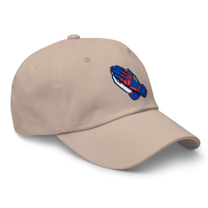 Beige hat with a colorful goalie glove design on a white background