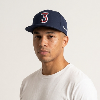 Man wearing navy England soccer hat with the number 3