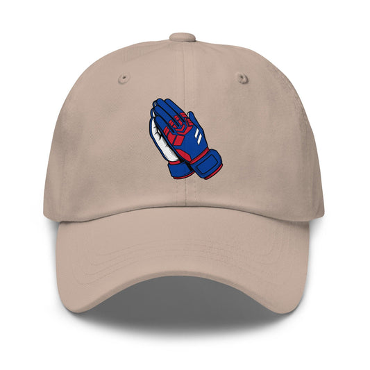 Beige soccer cap with blue and red praying goalie hands design on a white background