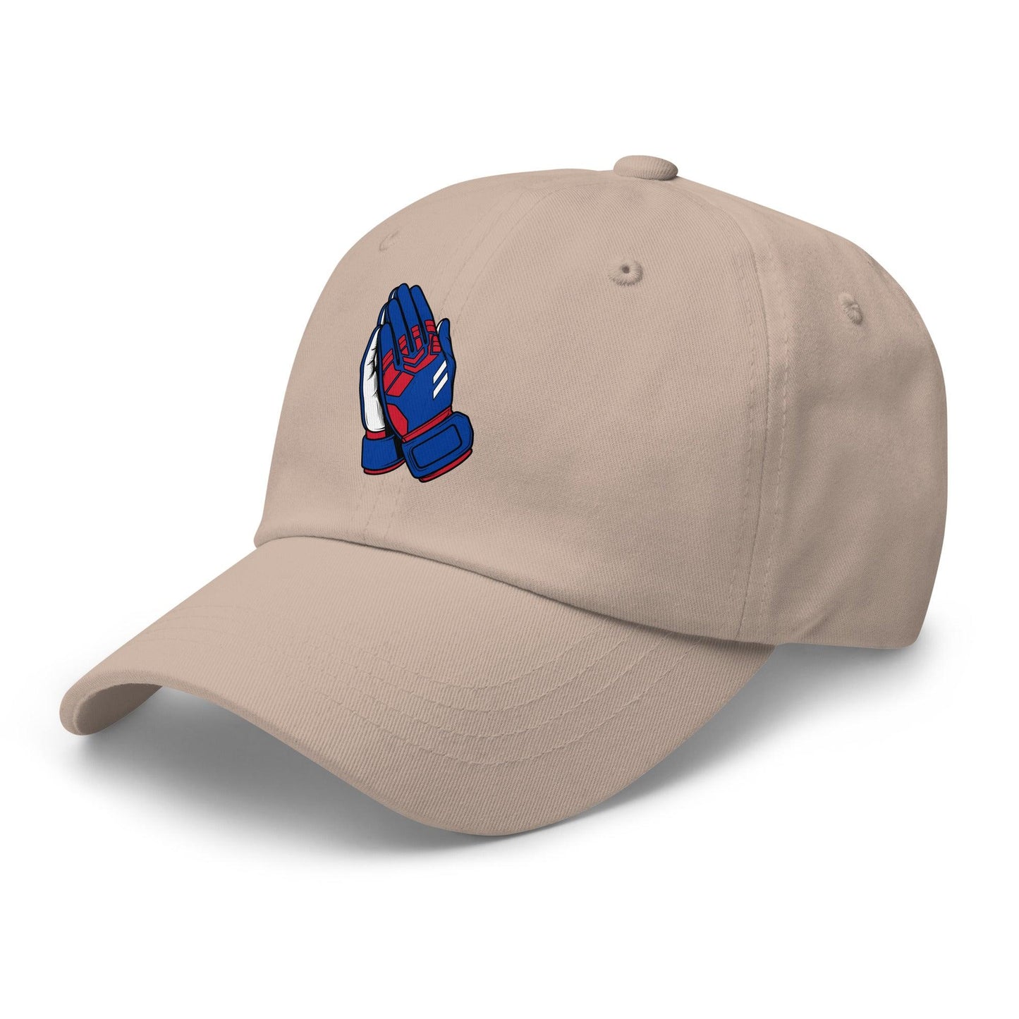 Beige soccer cap with a colorful goalie praying hands logo on a white background