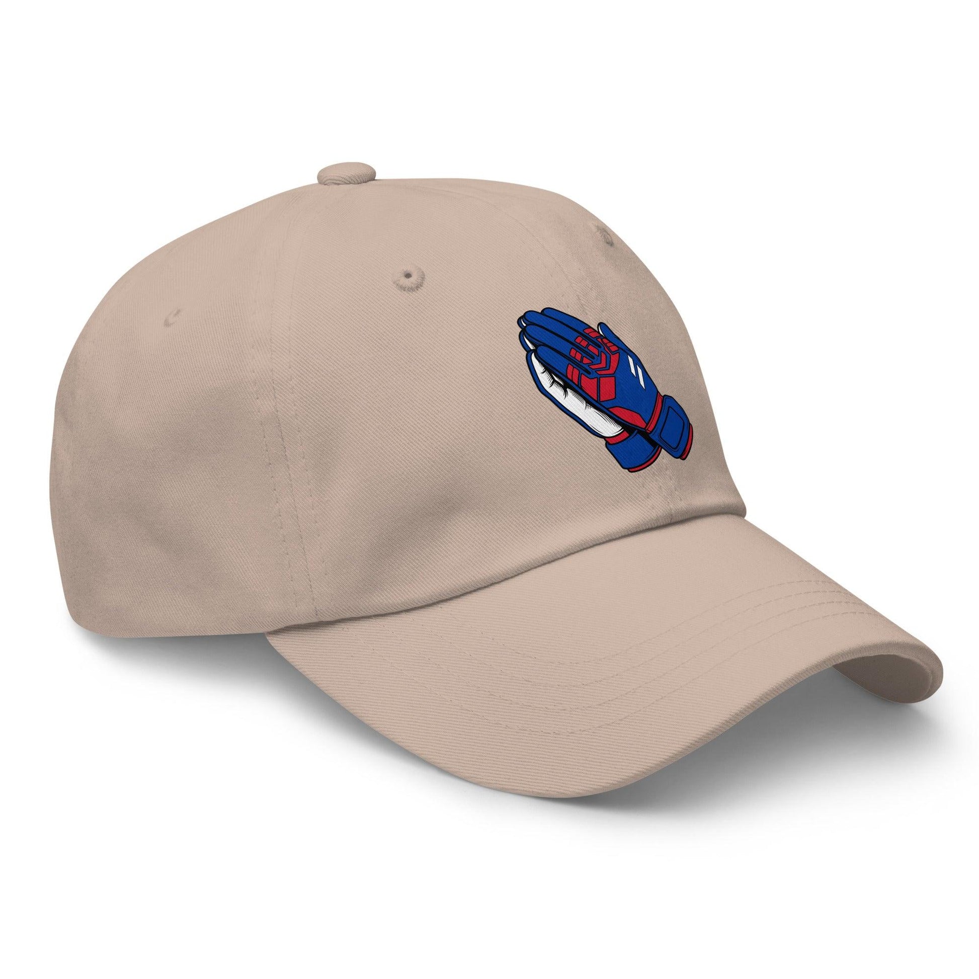 Beige soccer cap with a colorful praying hands logo on a white background