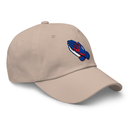 Beige soccer cap with a colorful praying hands logo on a white background