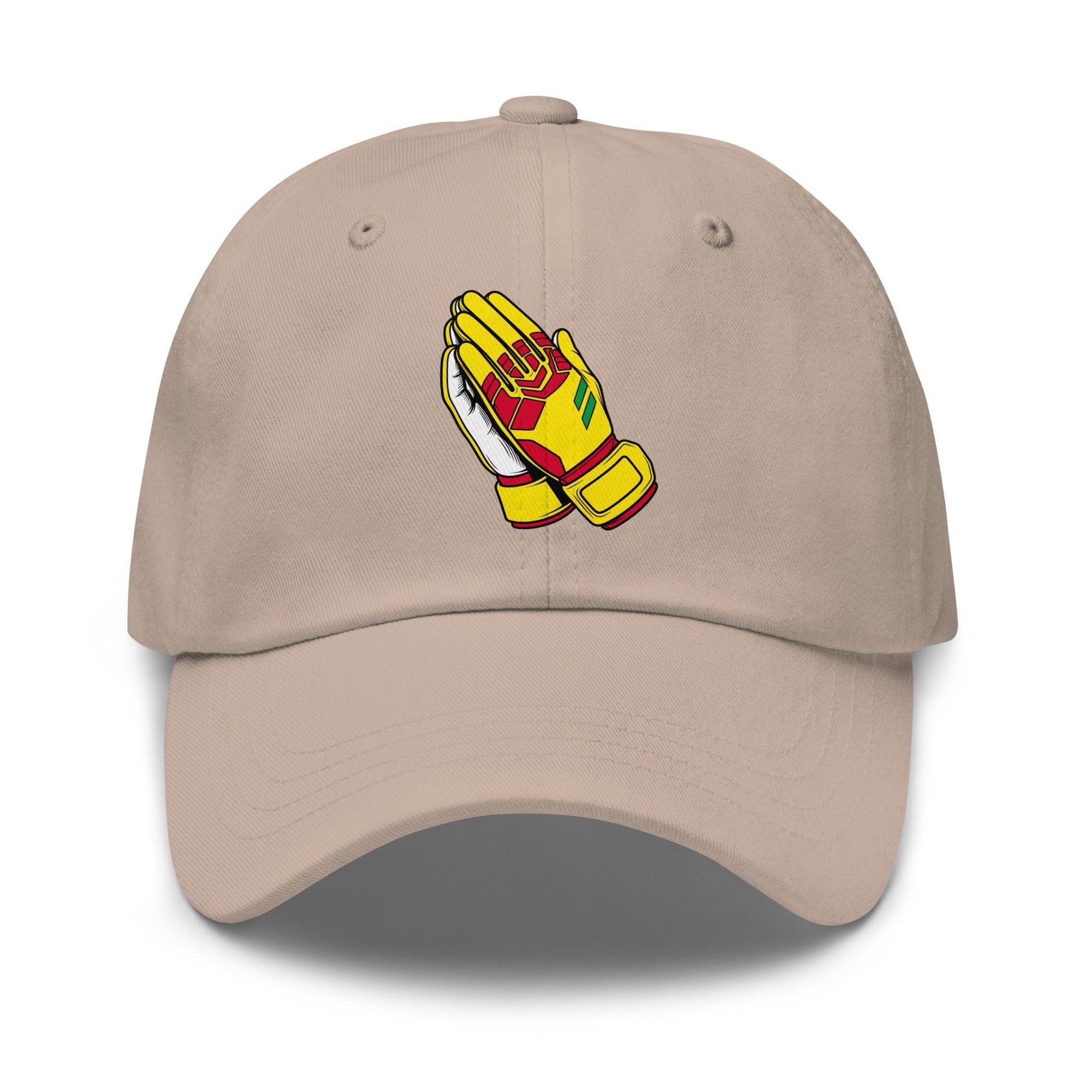 Beige Ghana soccer hat with a graphic of yellow goalie gloves on a white background