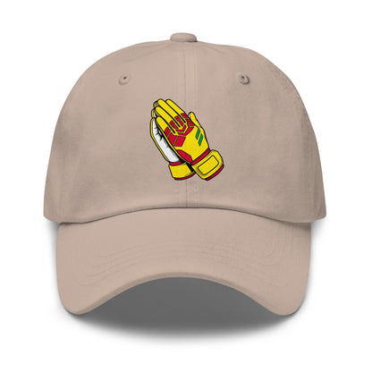 Beige Ghana soccer hat with a graphic of yellow goalie gloves on a white background