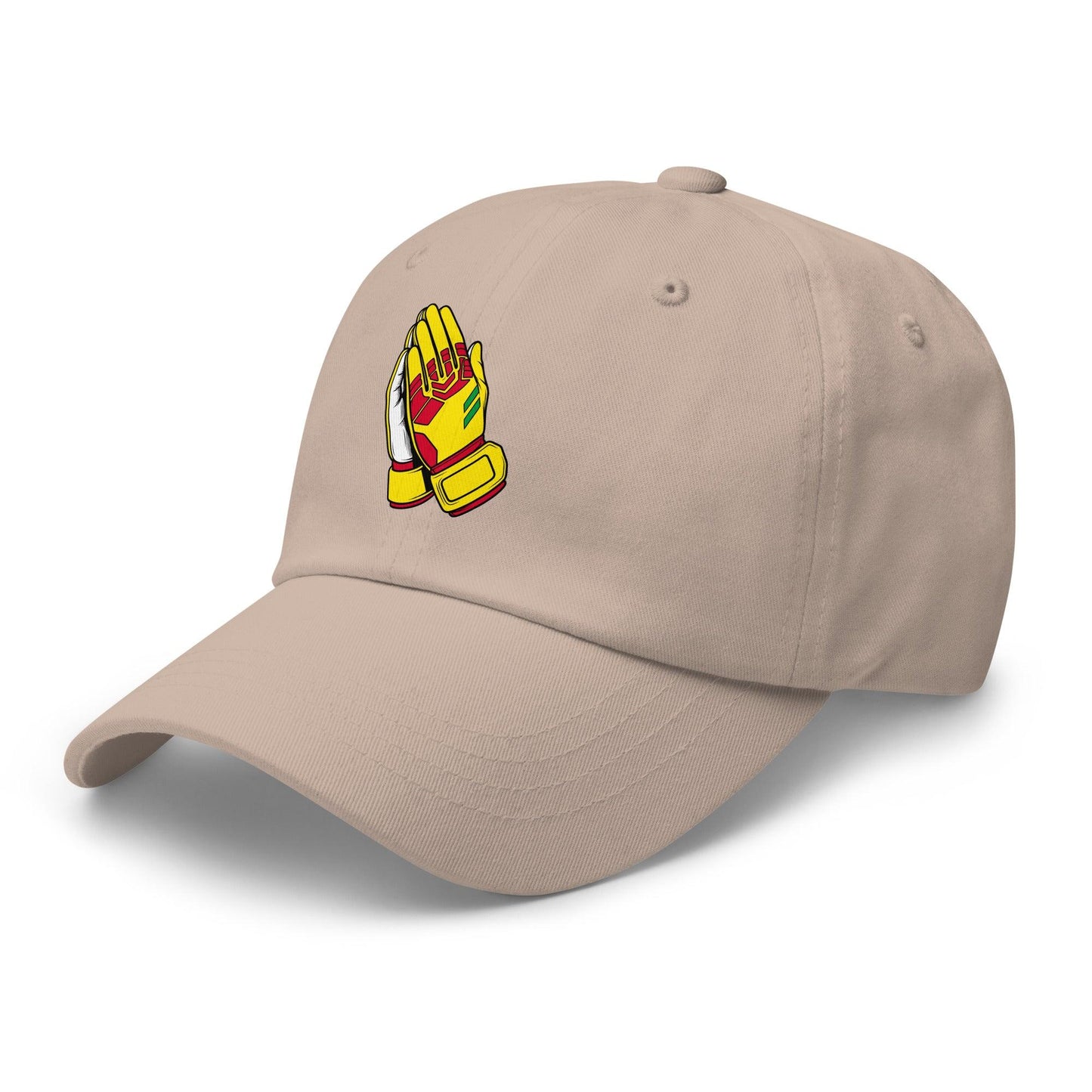 Beige soccer hat with a colorful goalie gloves logo on a white background