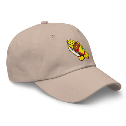 Beige soccer hat with a cartoonish goalie hand design on a white background