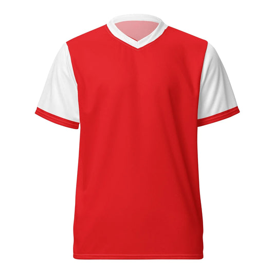Red gunners soccer jersey with white accents on a white background