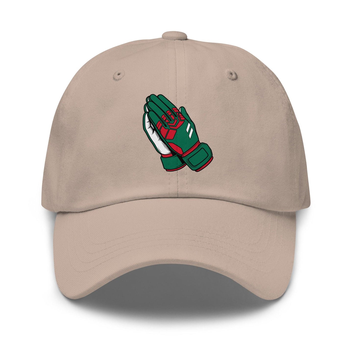 Beige Mexico soccer hat with green and red goalie gloves design on a white background