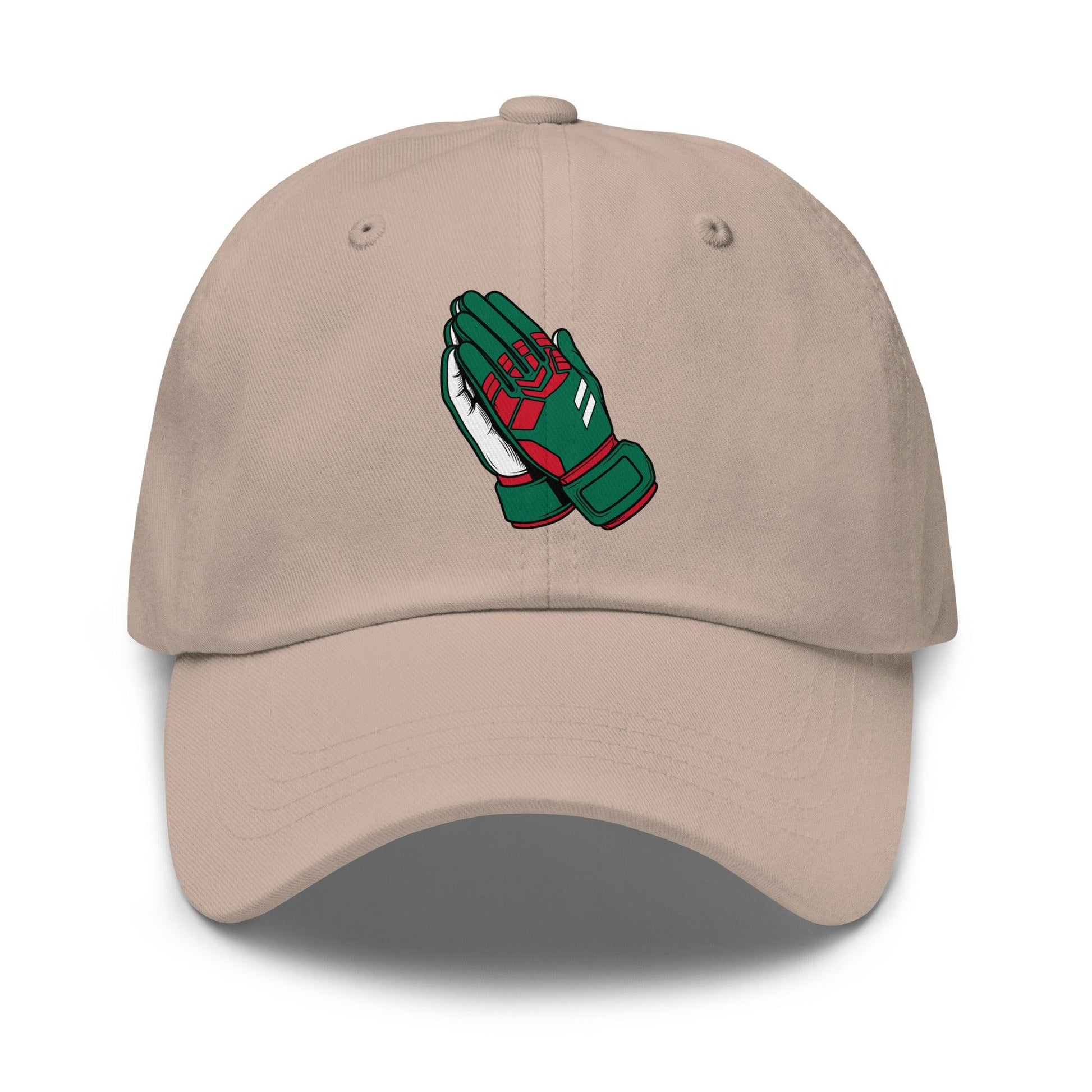 Beige Mexico soccer hat with green and red goalie gloves design on a white background