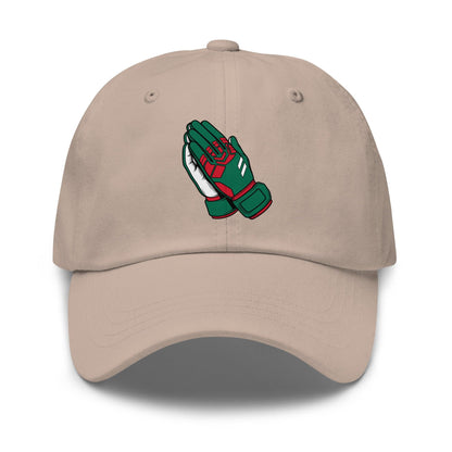 Beige Mexico soccer hat with green and red goalie gloves design on a white background