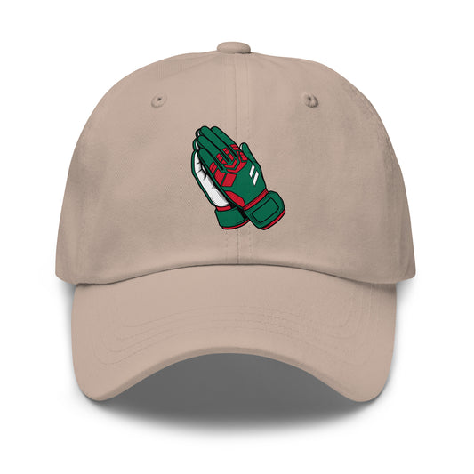 Beige Mexico soccer hat with green and red goalie gloves design on a white background