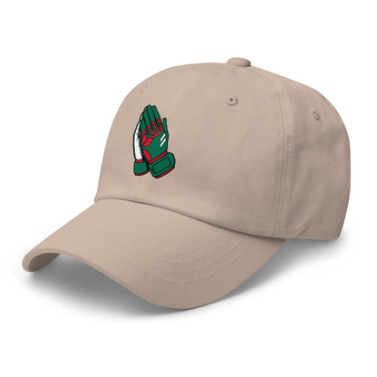 Beige soccer hat with a green and red goalie glove praying hands logo on a white background
