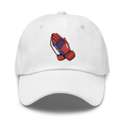 White Paraguay soccer hat with red and blue praying goalie hands design on a white background