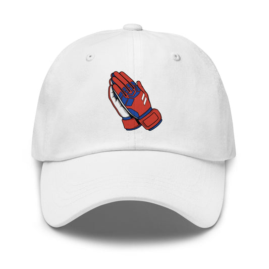 White Paraguay soccer hat with red and blue praying goalie hands design on a white background