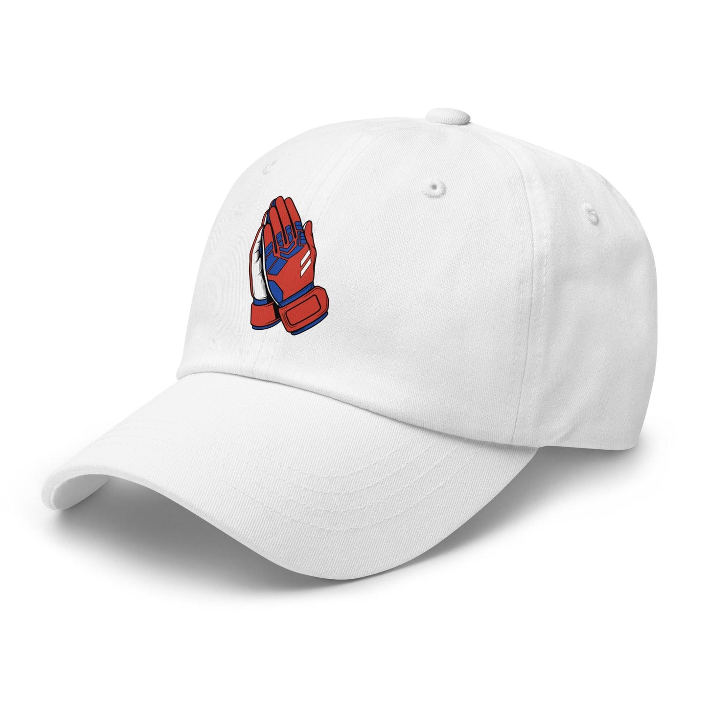 White soccer hat  with red and blue goalie praying hands logo on a white background