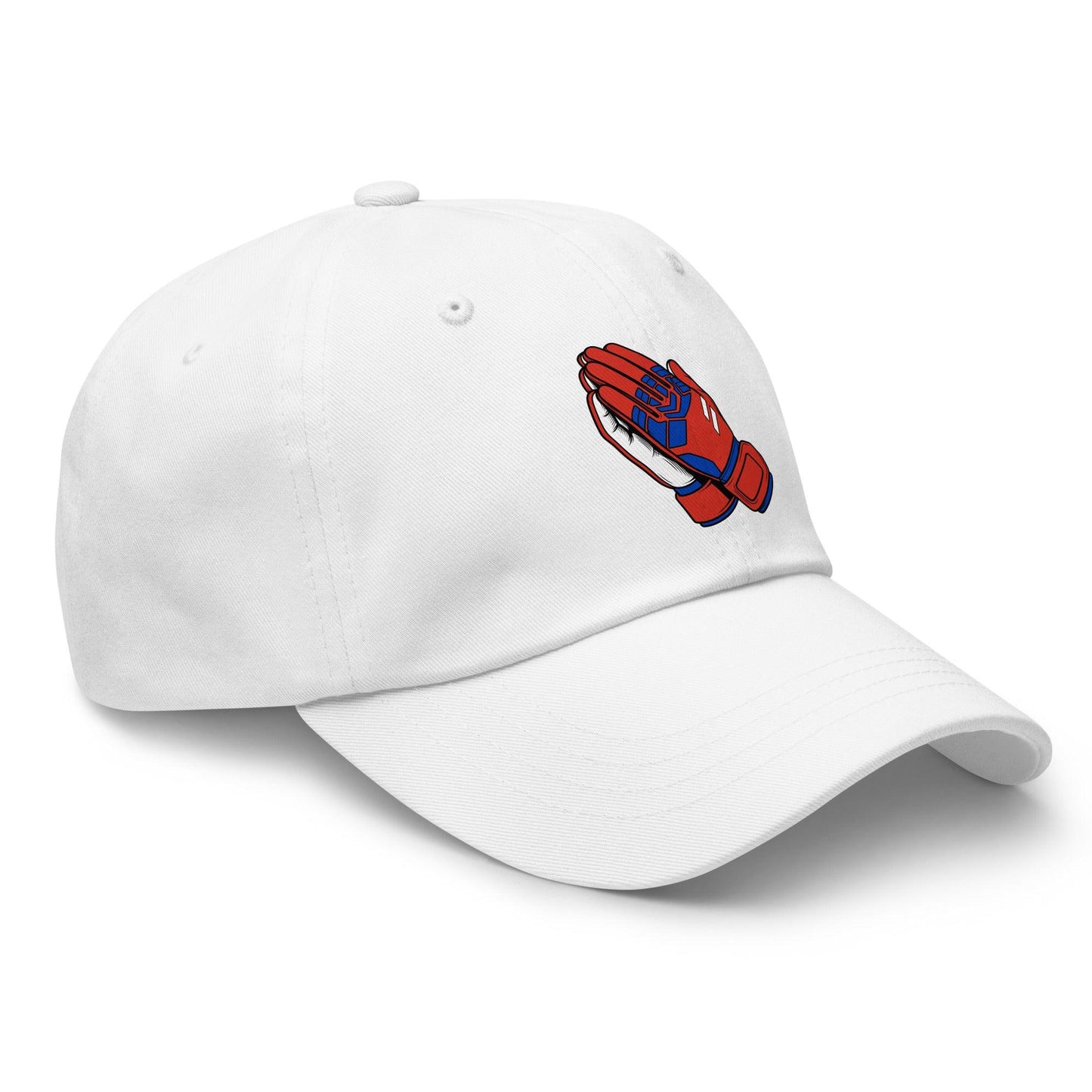 White soccer hat with a red and blue praying hand design on a white background