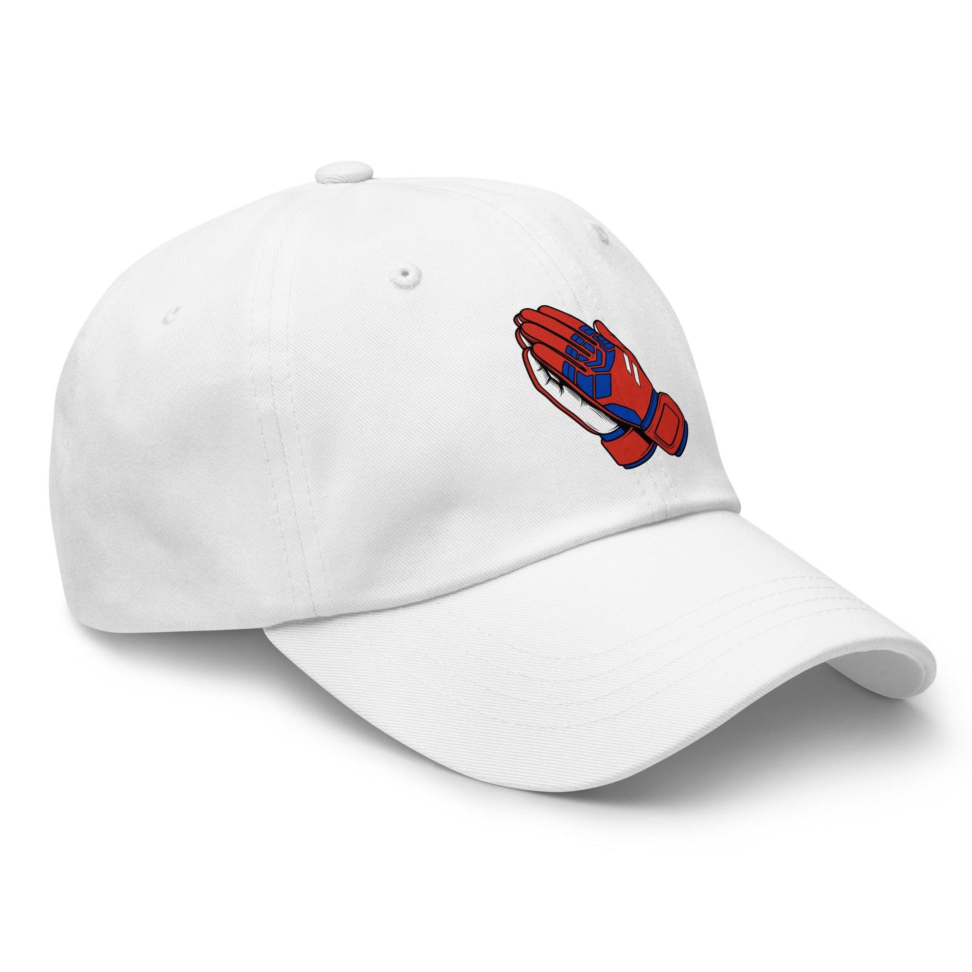 White soccer hat with a red and blue praying hand design on a white background