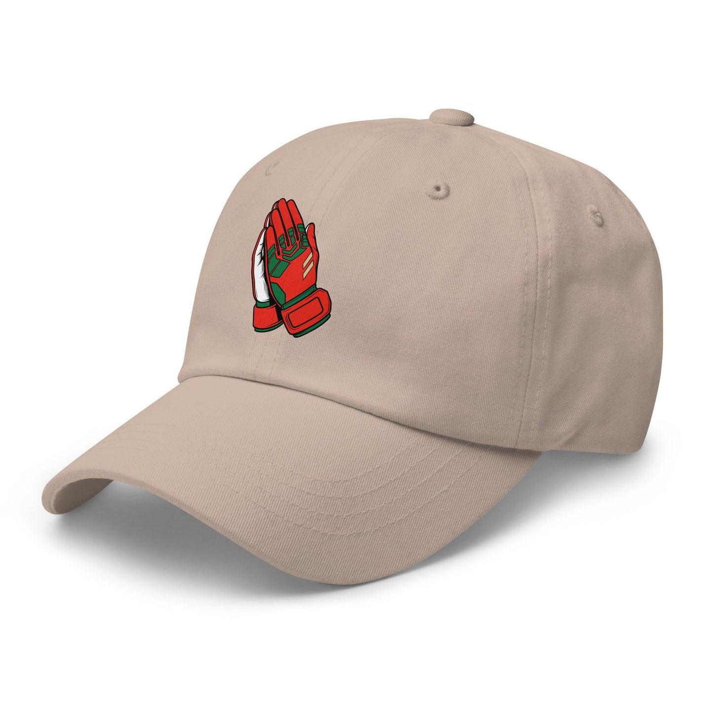 Beige hat with a red and green logo on a white background