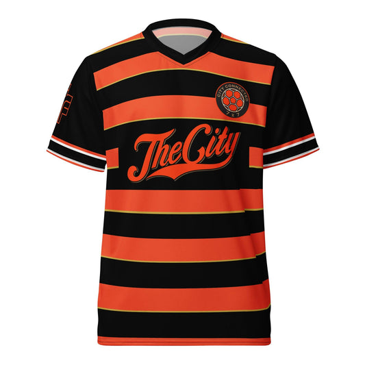 Black and orange striped jersey with 'The City' text on a white background