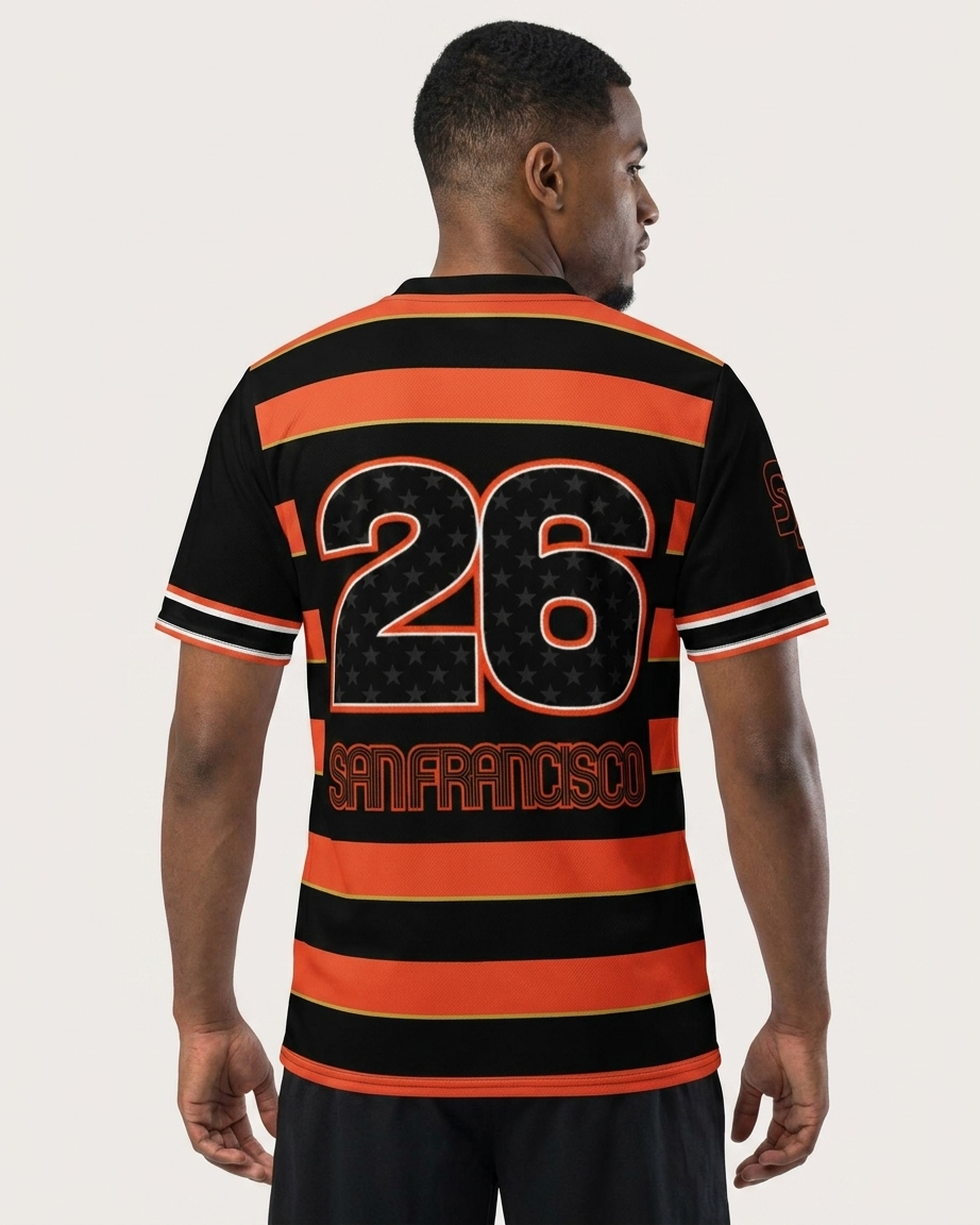A man viewed from the back wearing a black and orange striped soccer jersey with the number 26 and 'SAN FRANCISCO' printed on the back, set against a light gray studio background.