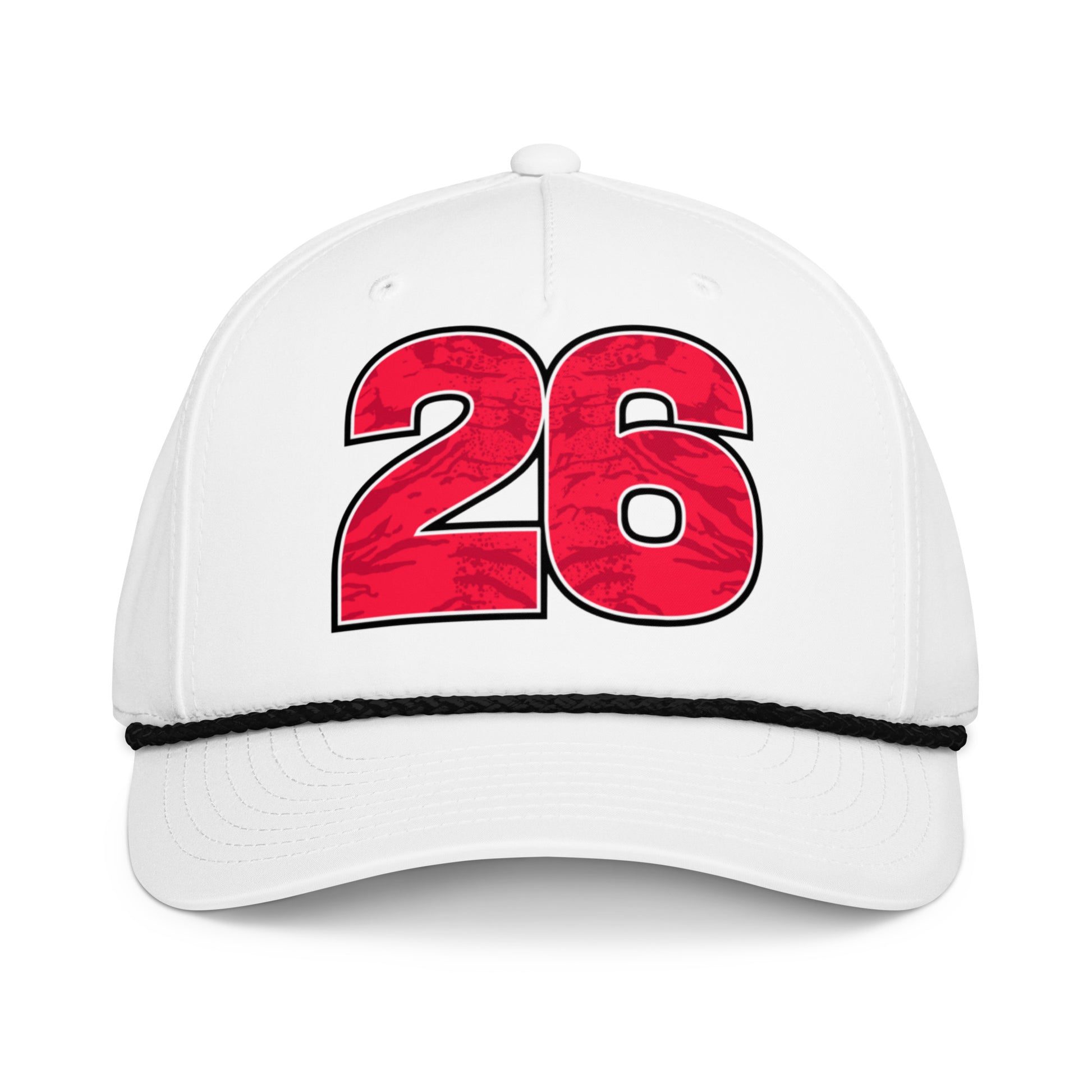 White cap with red number 26 on a white background