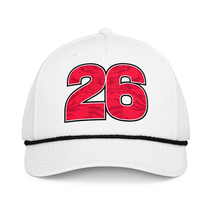 White cap with red number 26 on a white background