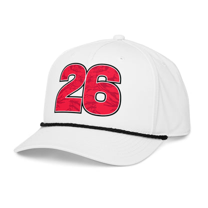 White cap with red number 26 on a white background