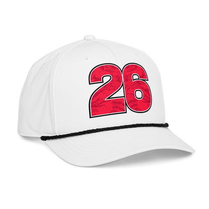 White cap with red number 26 on a white background