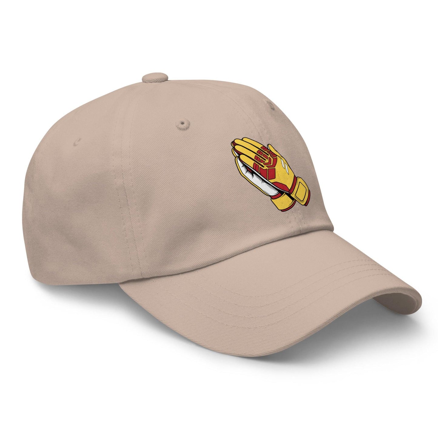 Beige Spain soccer hat with a red and blue goalie gloves logo on a white background