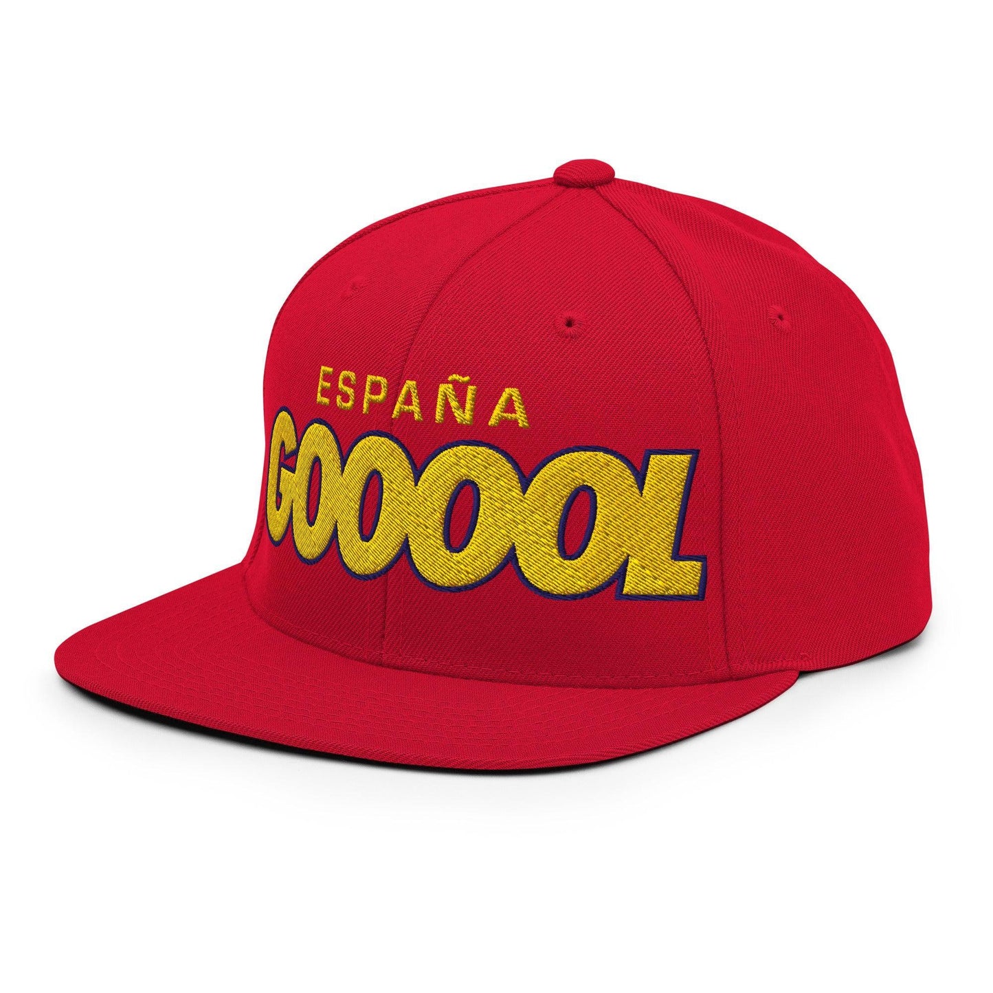 Red cap with yellow text 'ESPAÑA GOOOOL' on a white background