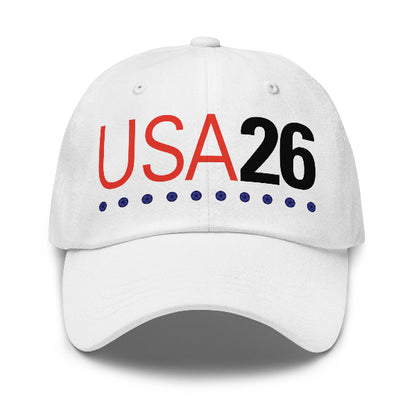 White soccer dad hat with text USA 26